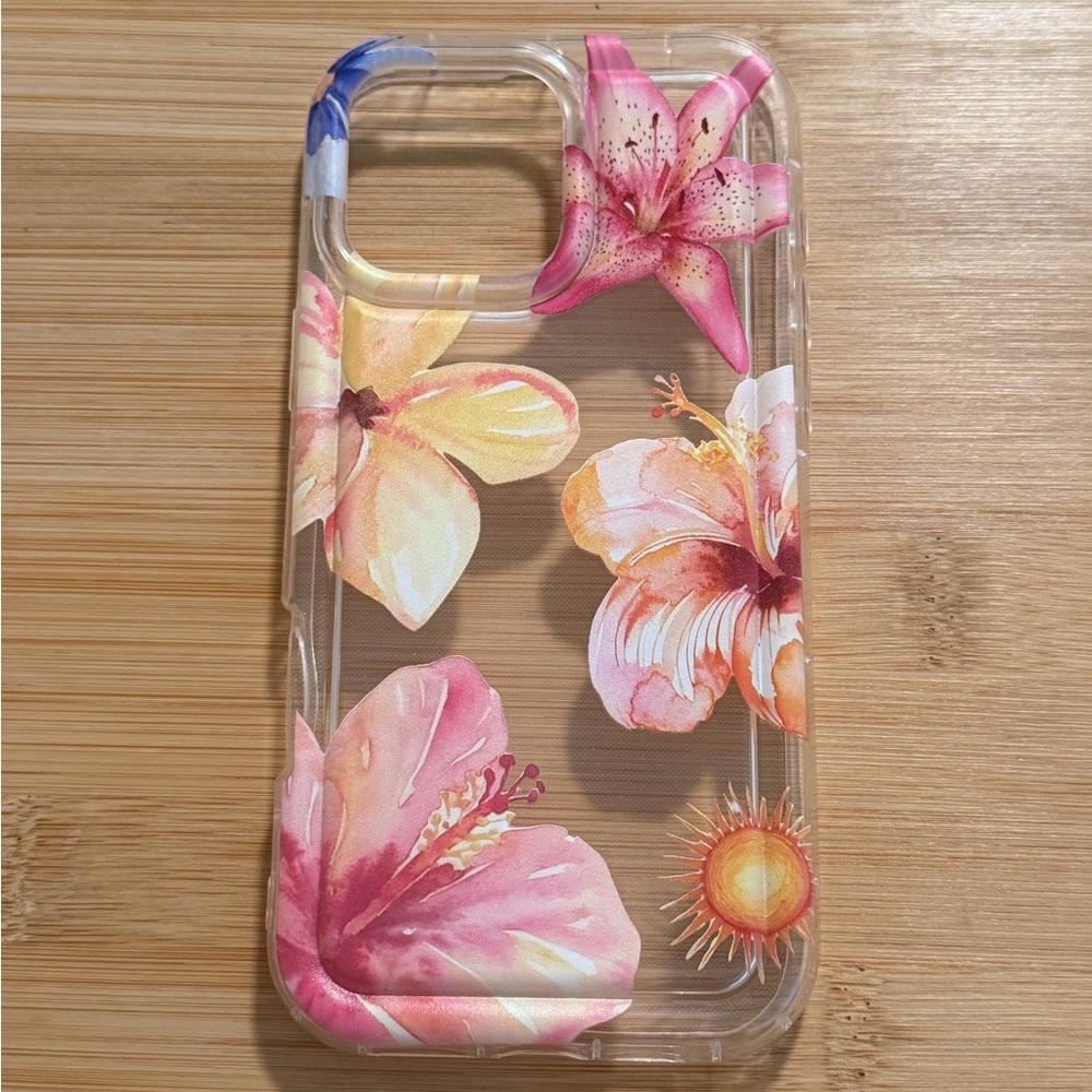 Floral Clear iPhone 16 Pro Max Case with Pink & Yellow Hibiscus Design